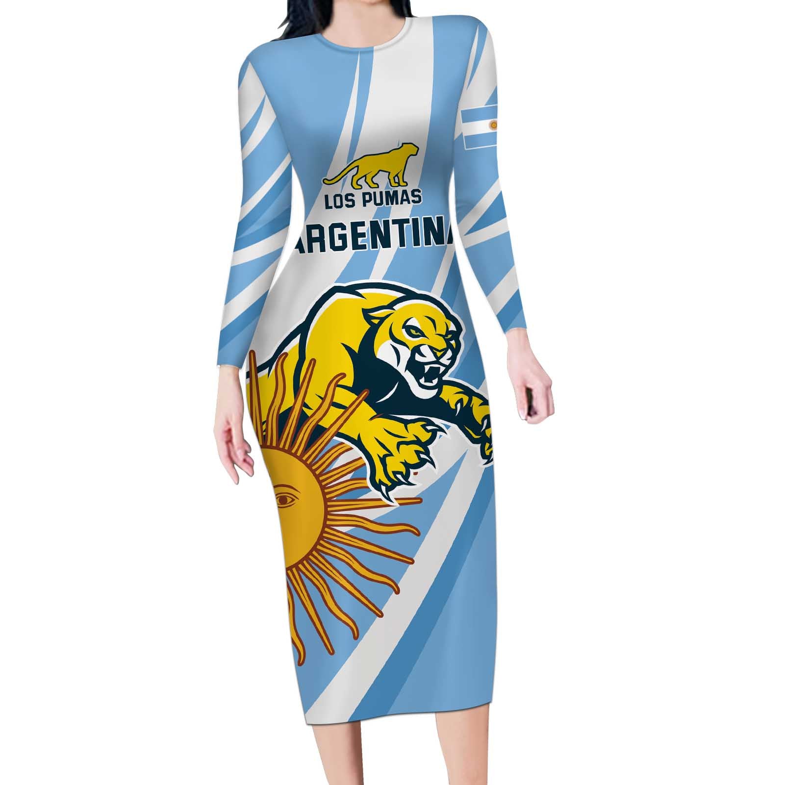 Custom Argentina Rugby Champion Long Sleeve Bodycon Dress Los Puma with Sporty Style - Wonder Print Shop