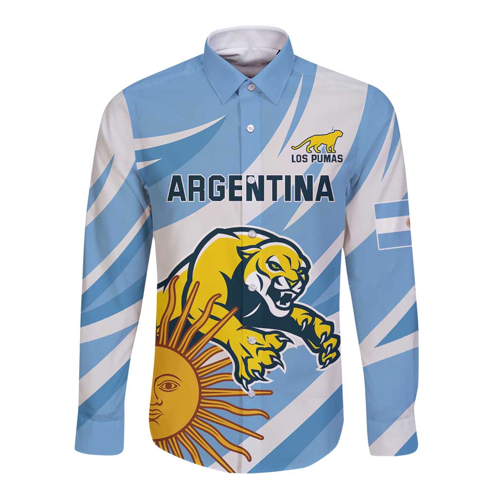 Blue long-sleeve rugby button shirt with Argentina print and Los Pumas crest
