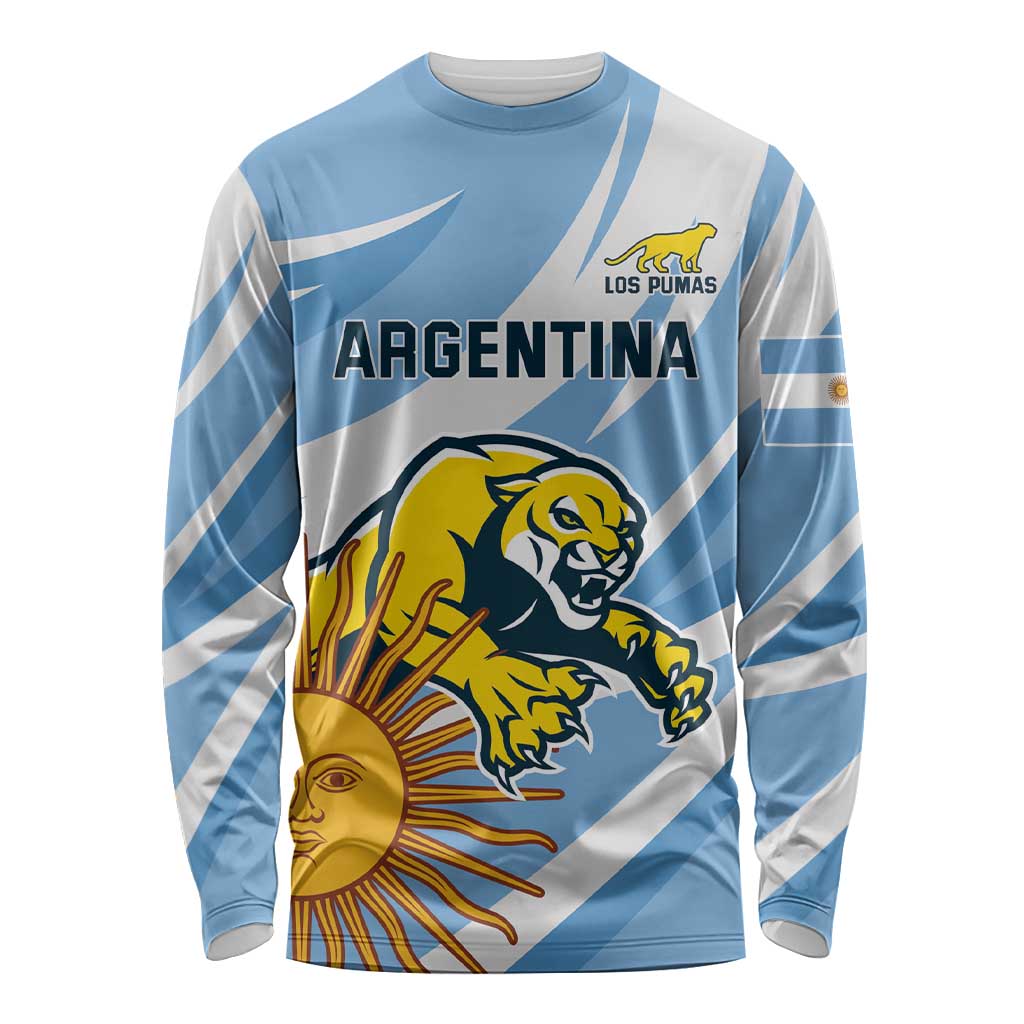 Blue long-sleeve rugby shirt with Argentina graphic, Puma emblem, and striped accents