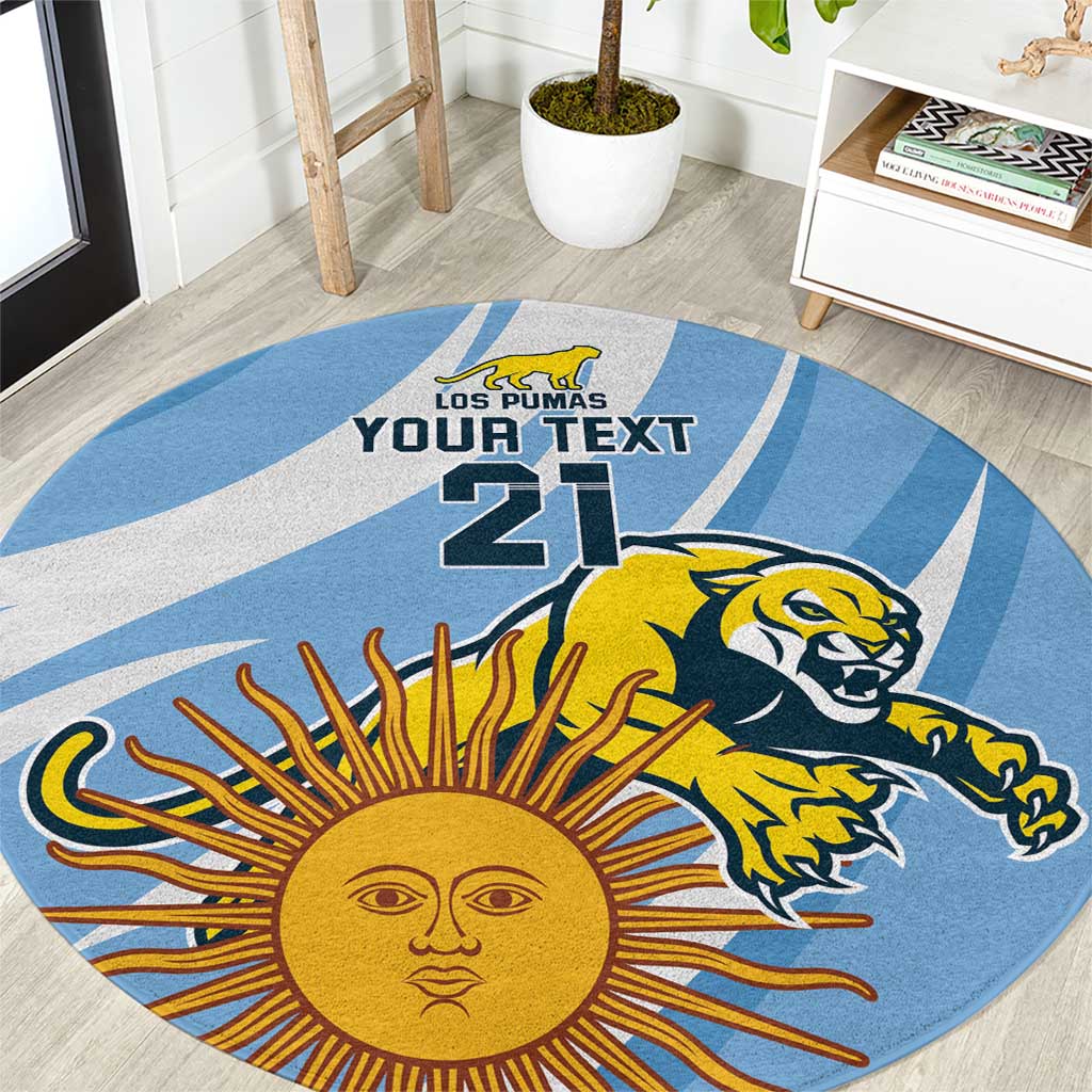 Round blue rug with puma graphic and “YOUR TEXT 21” printed center