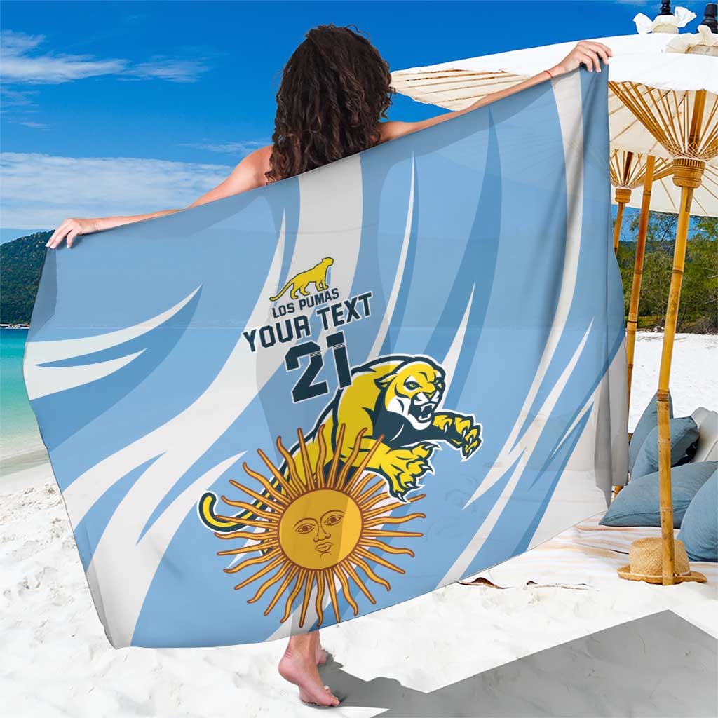 Light blue sarong with diagonal stripes, yellow sun face, and 'YOUR TEXT 21' graphic