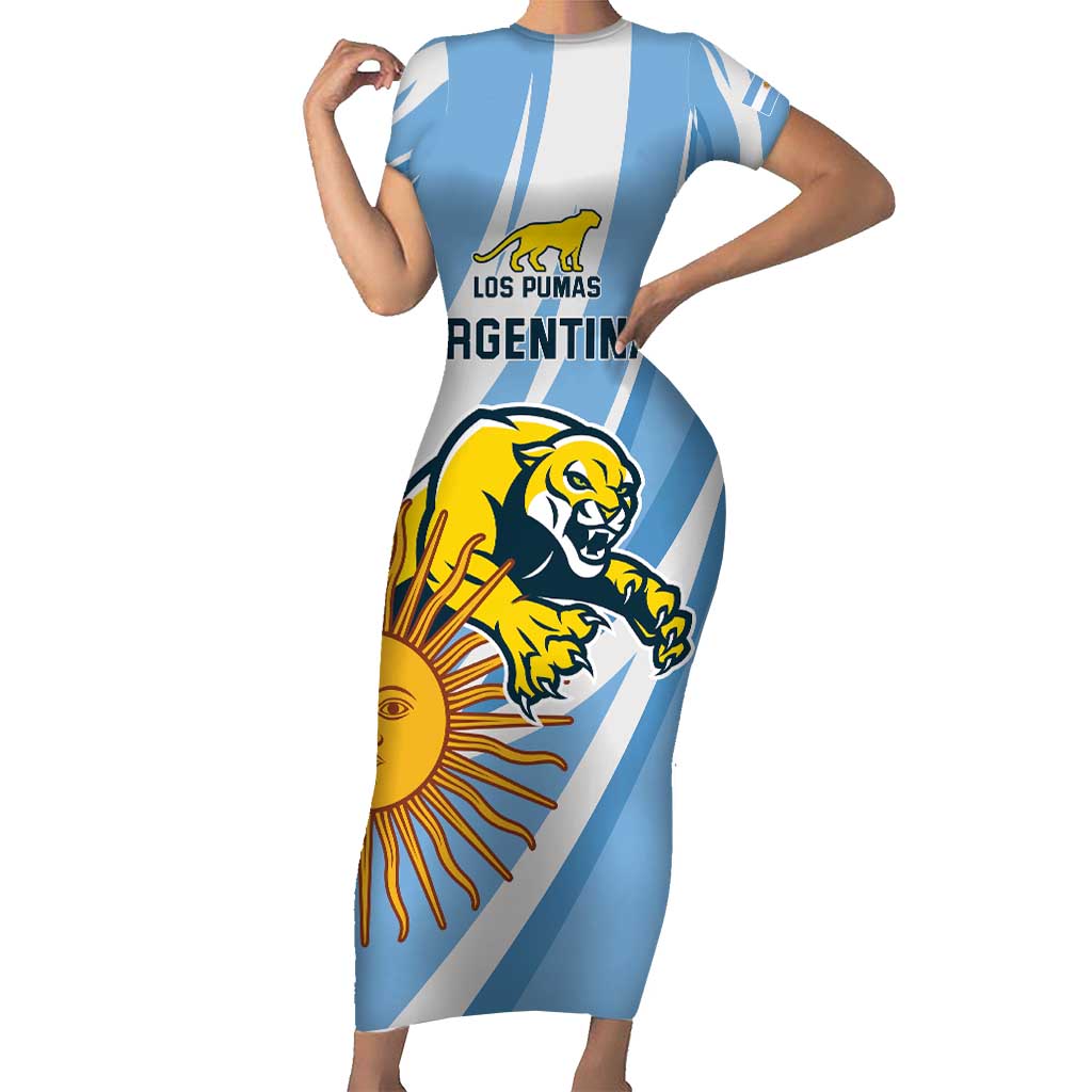 Custom Argentina Rugby Champion Short Sleeve Bodycon Dress Los Puma with Sporty Style - Wonder Print Shop