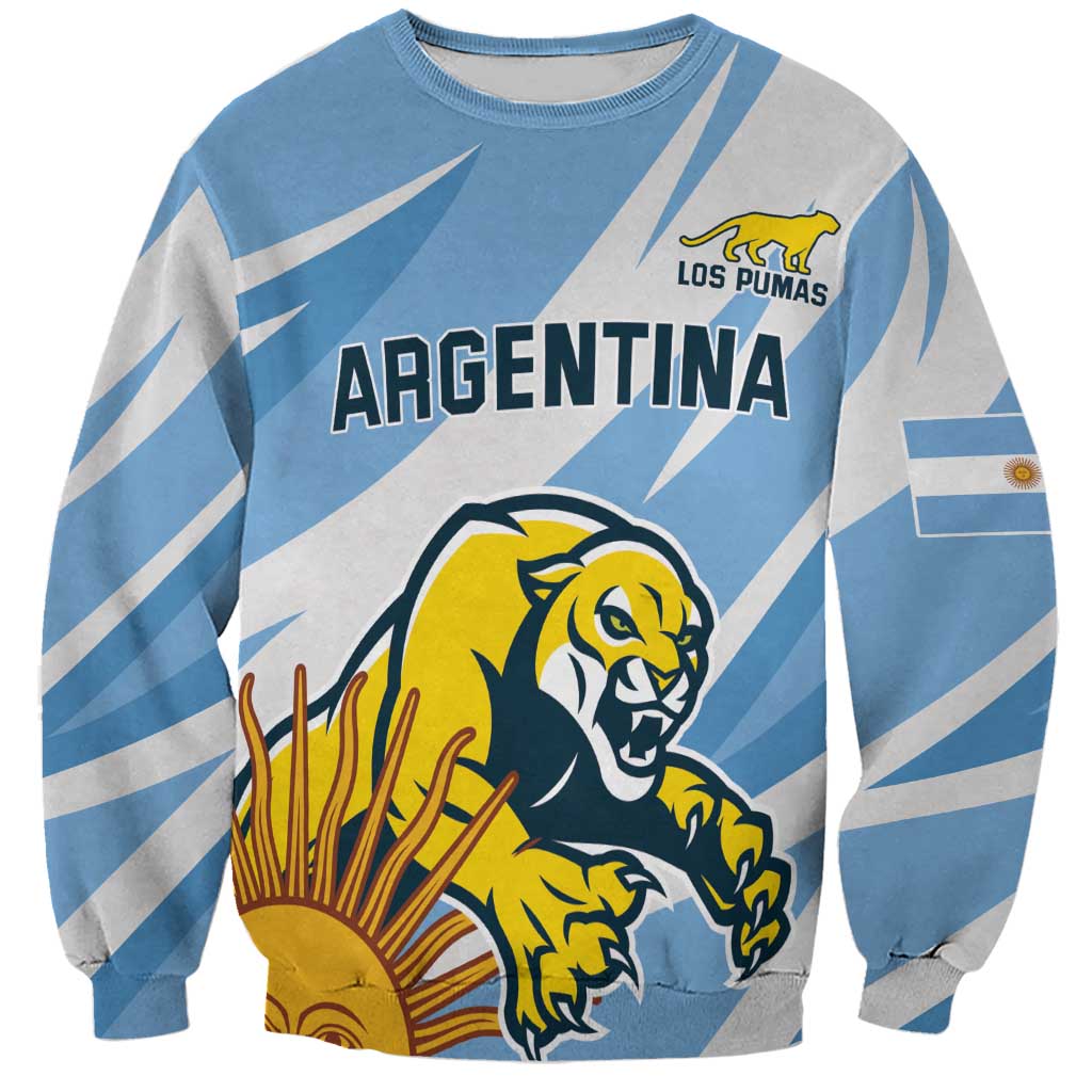 Argentina rugby sweatshirt in blue and gray with lion mascot graphic and Los Pumas logo