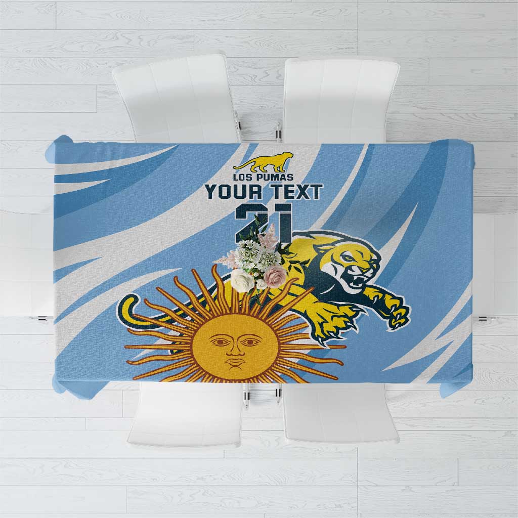 Blue tablecloth with sun and Argentina lion sports graphic, custom text area