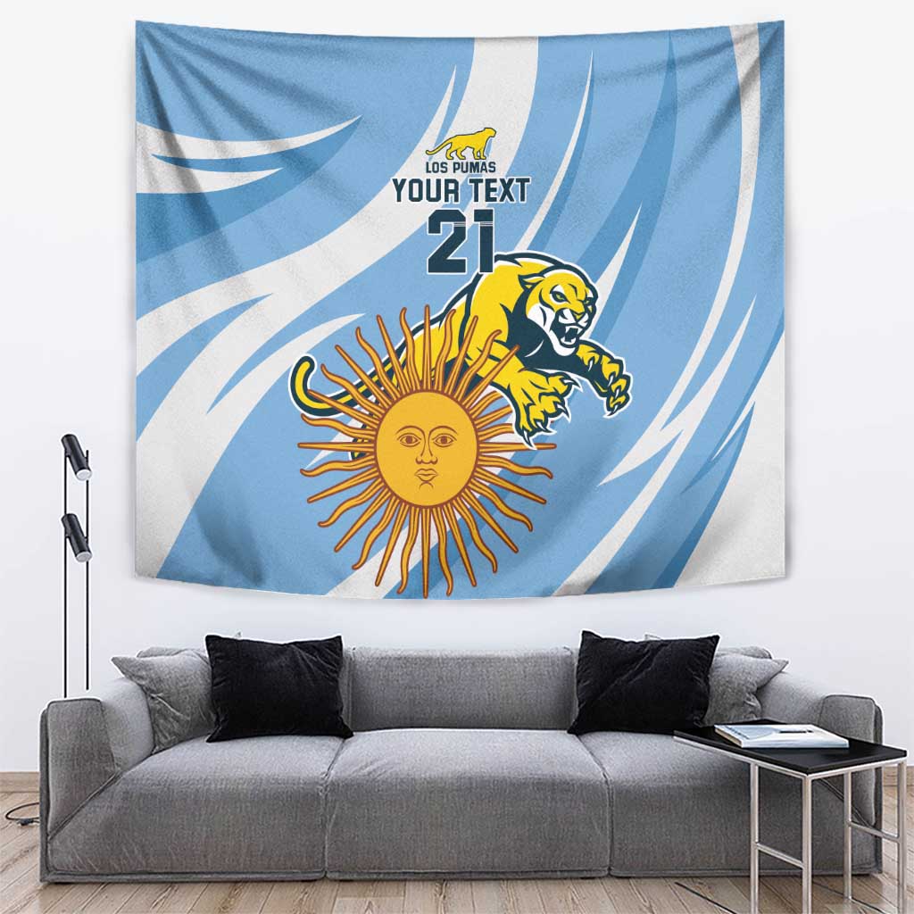 Blue and white rugby champion tapestry with sun emblem and yellow wildcat mascot, wall hanging