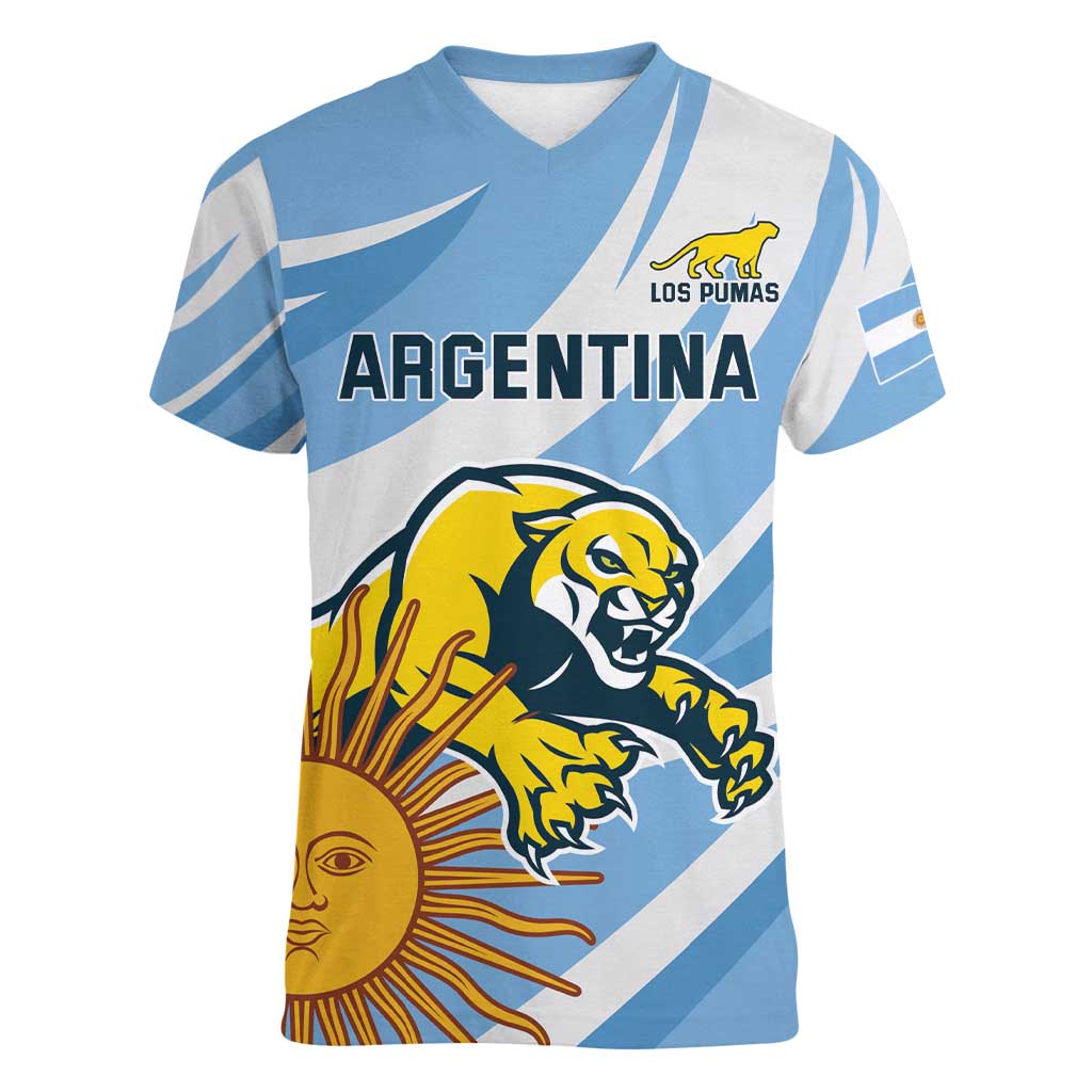 Custom Argentina Rugby Champion Women V-Neck T-Shirt Los Puma with Sporty Style - Wonder Print Shop