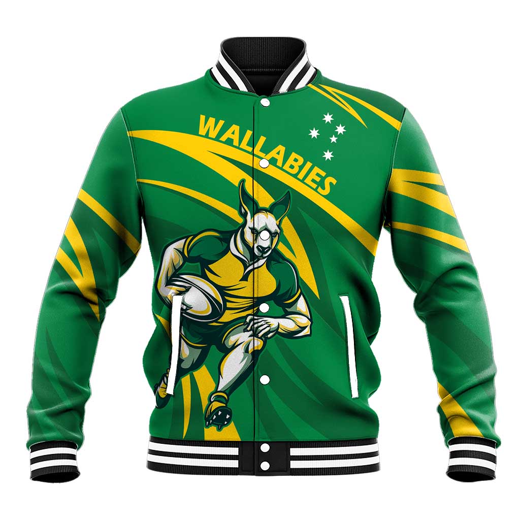Green Wallabies mascot varsity baseball jacket, snap front, striped ribbed cuffs