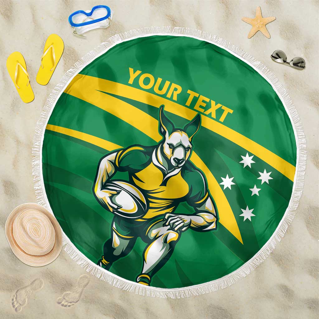 Green Wallabies round beach blanket with tassel fringe, kangaroo mascot, space for text