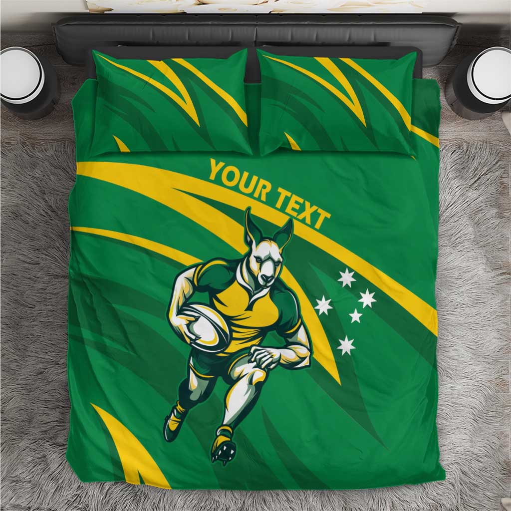 Green personalized rugby bedding set with Wallabies mascot, star panel, and yellow stripes