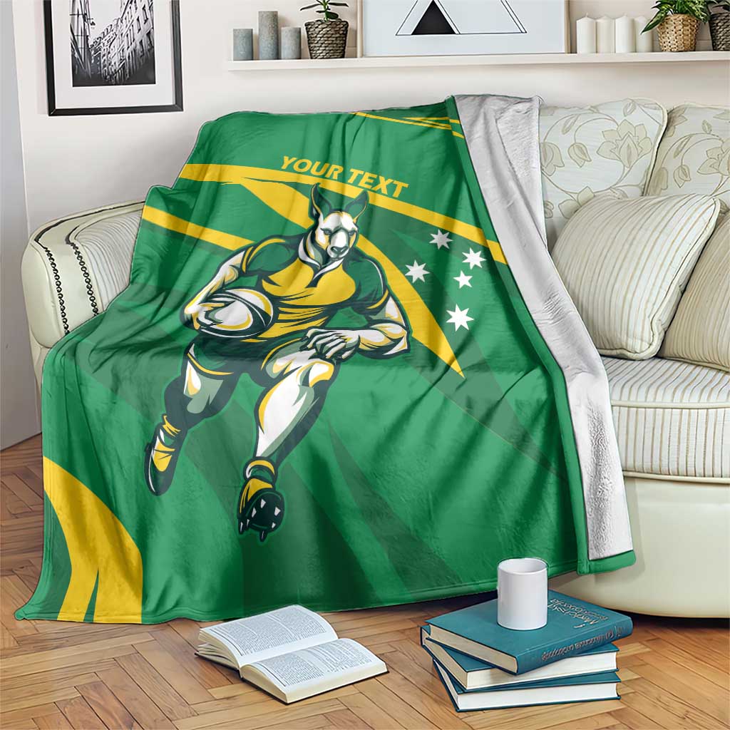 Green Australia Wallabies mascot blanket with yellow rays and 'YOUR TEXT' banner