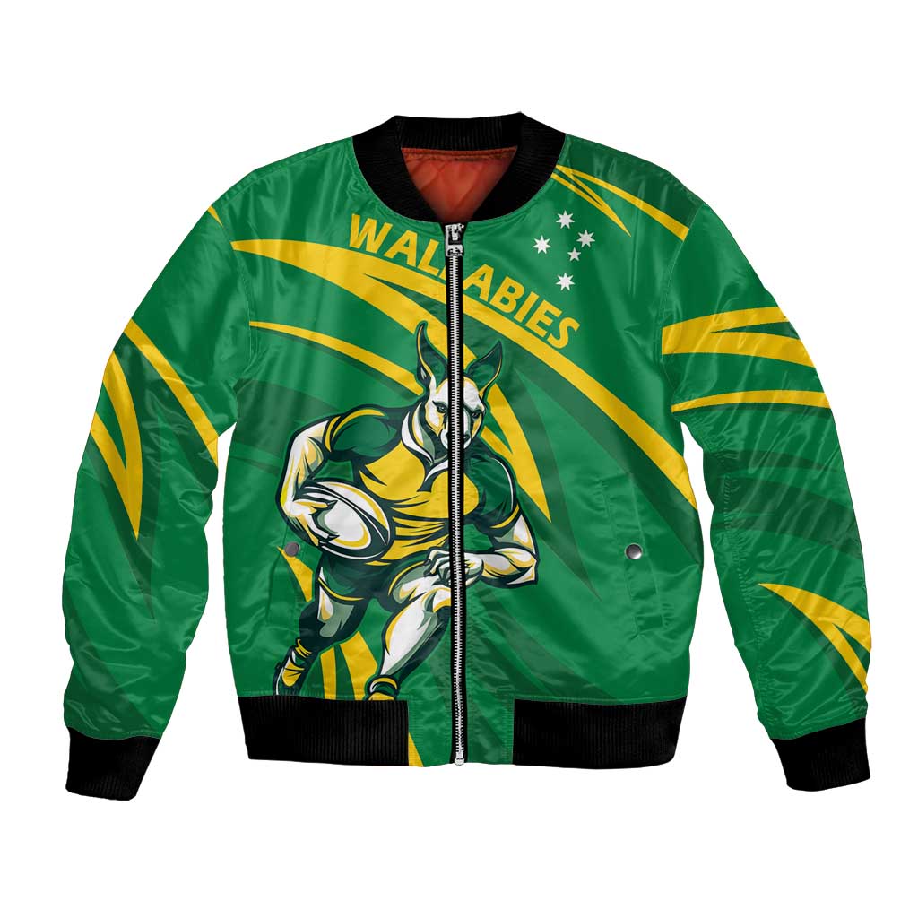 Green rugby bomber jacket with full-zip front and “WALLABIES” mascot logo