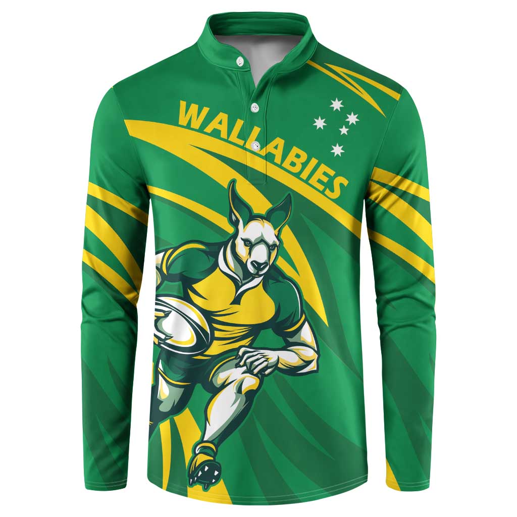 Green Wallabies button rugby sweatshirt with yellow stripes, kangaroo mascot and stars