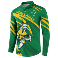 Green Wallabies button rugby sweatshirt with yellow stripes and kangaroo mascot on front