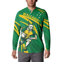 Green Wallabies button rugby sweatshirt with kangaroo mascot graphic and yellow stripes