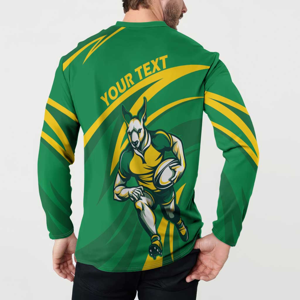 Green back button rugby sweatshirt with kangaroo mascot, yellow stripes, and YOUR TEXT