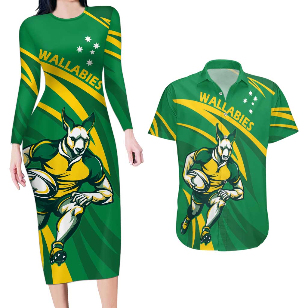 Personalized Australia Rugby Champion Couples Matching Long Sleeve Bodycon Dress and Hawaiian Shirt Wallabies Mascot with Sporty Style LT9 - Wonder Print Shop