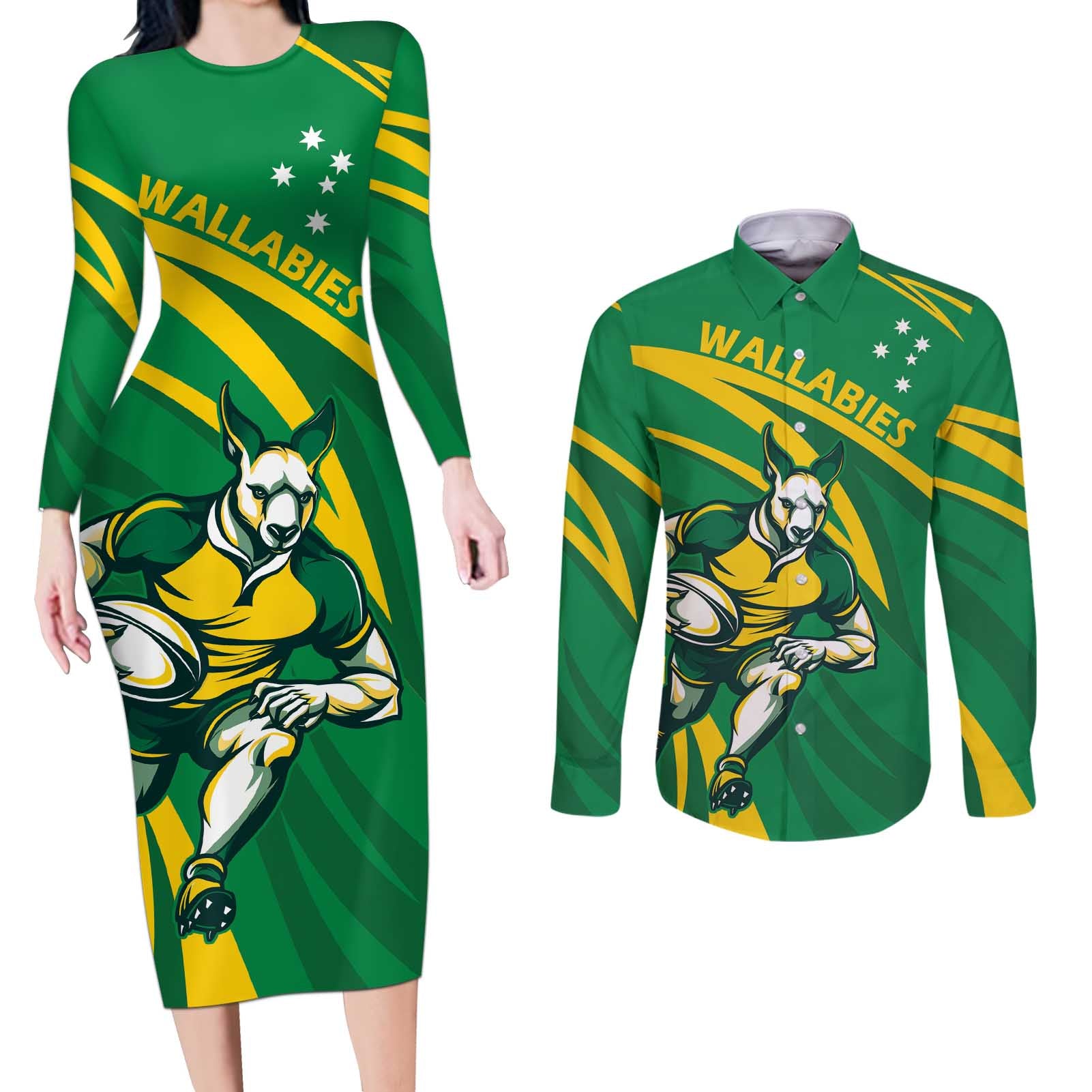 Personalized Australia Rugby Champion Couples Matching Long Sleeve Bodycon Dress and Long Sleeve Button Shirt Wallabies Mascot with Sporty Style LT9 - Wonder Print Shop