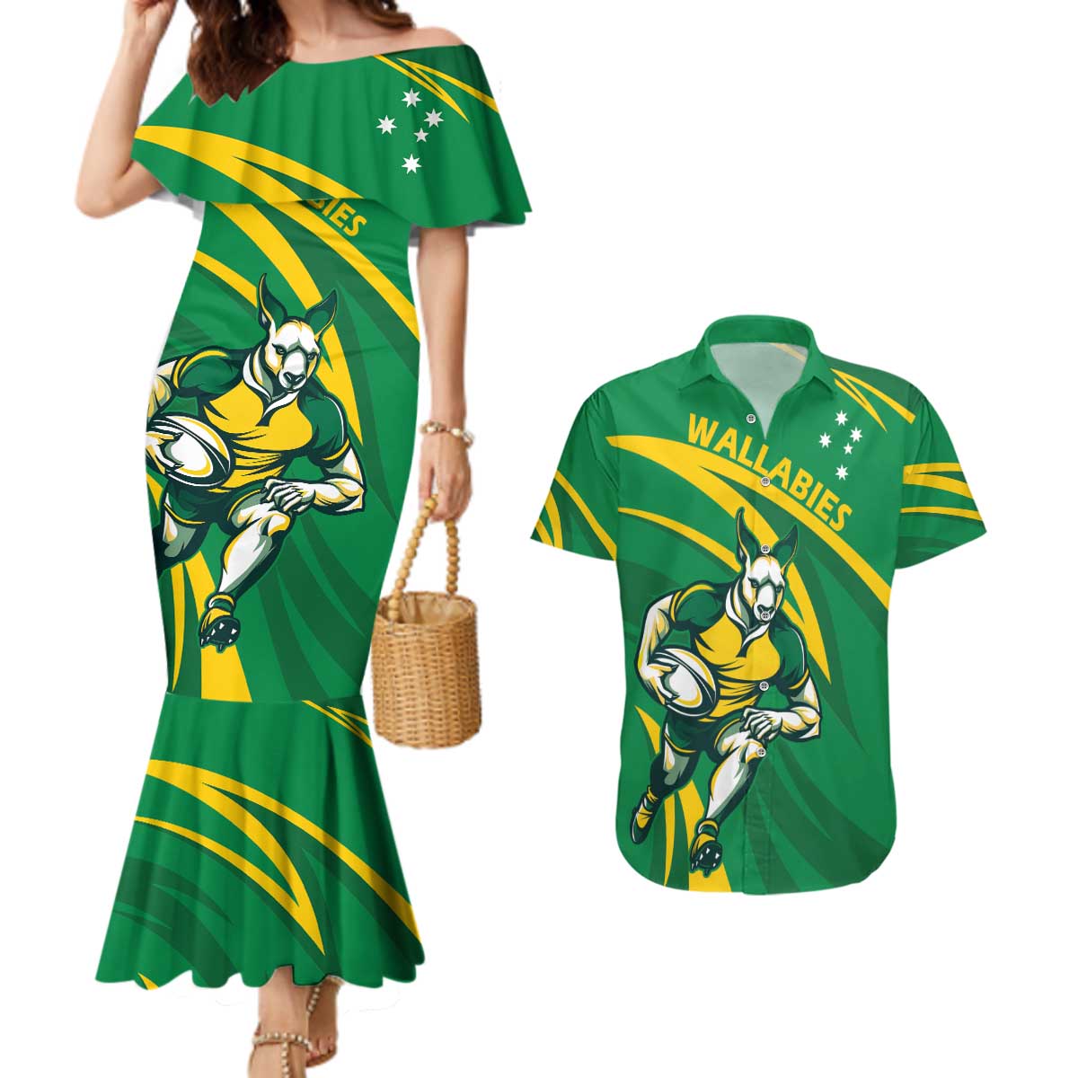 Personalized Australia Rugby Champion Couples Matching Mermaid Dress and Hawaiian Shirt Wallabies Mascot with Sporty Style LT9 - Wonder Print Shop