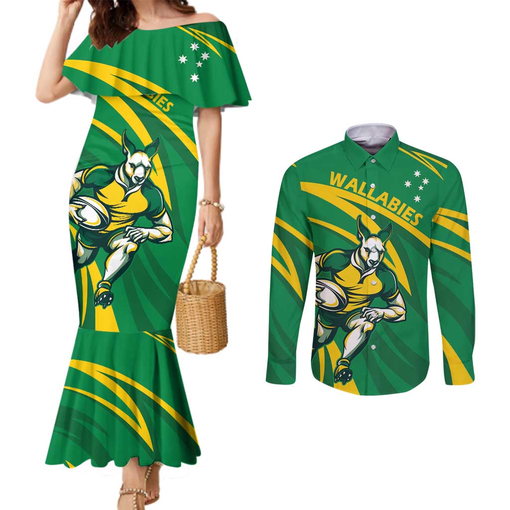 Personalized Australia Rugby Champion Couples Matching Mermaid Dress and Long Sleeve Button Shirt Wallabies Mascot with Sporty Style