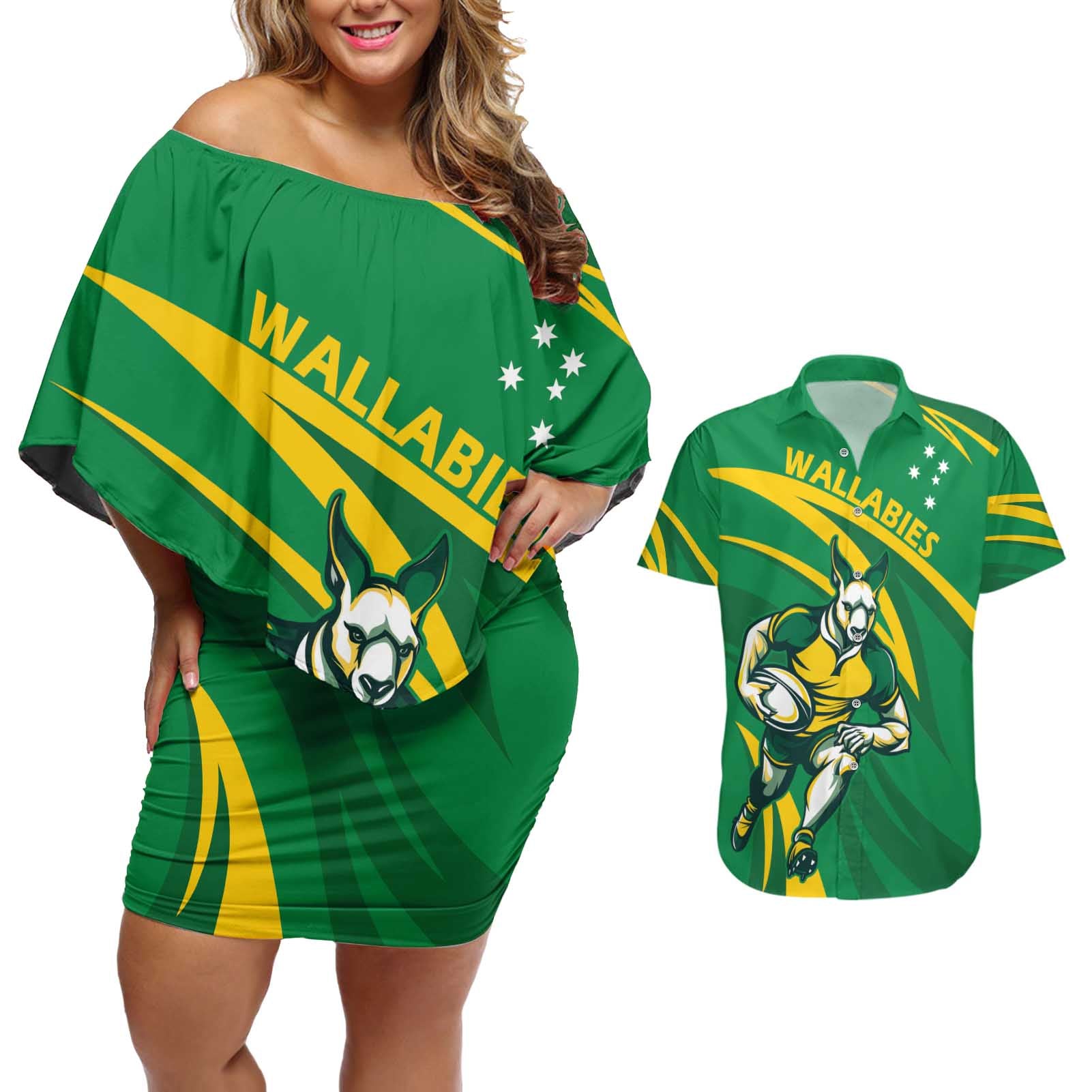 Personalized Australia Rugby Champion Couples Matching Off Shoulder Short Dress and Hawaiian Shirt Wallabies Mascot with Sporty Style LT9 - Wonder Print Shop