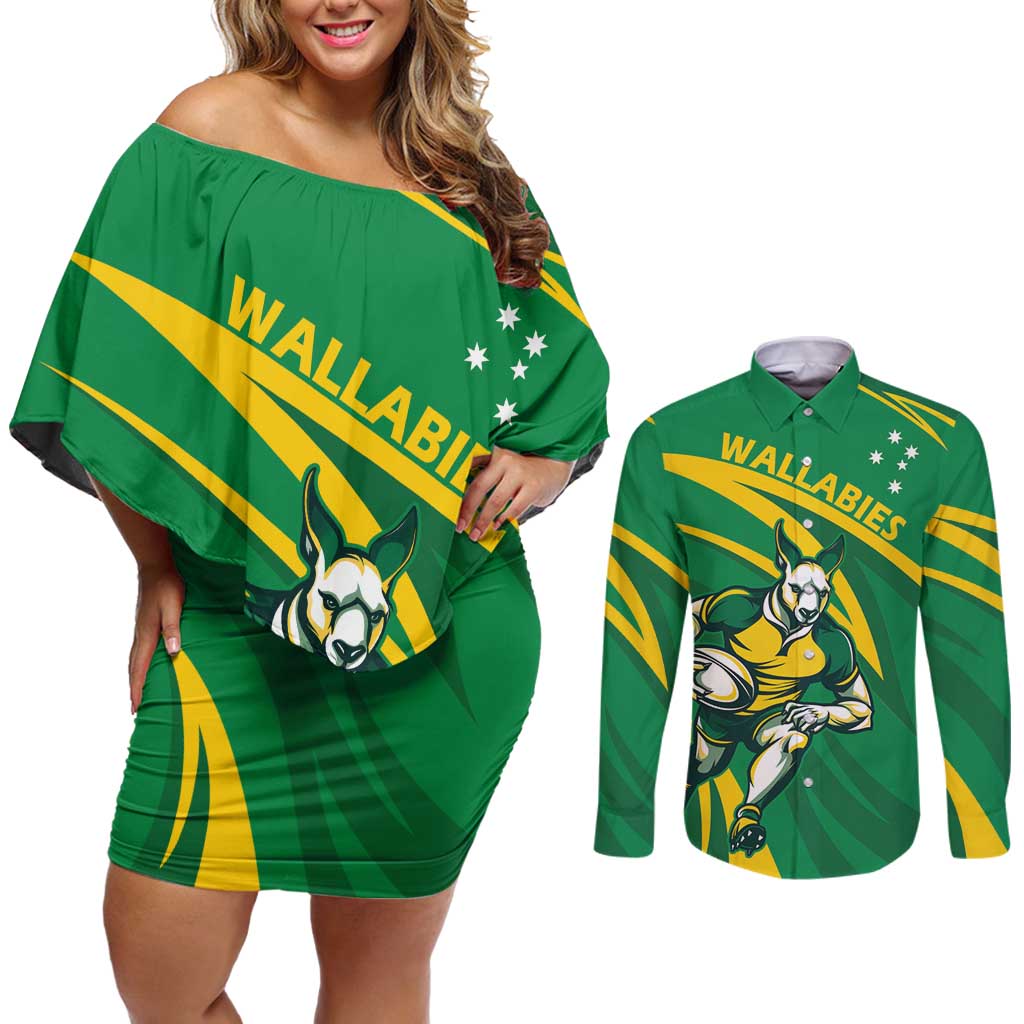 Personalized Australia Rugby Champion Couples Matching Off Shoulder Short Dress and Long Sleeve Button Shirt Wallabies Mascot with Sporty Style LT9 - Wonder Print Shop