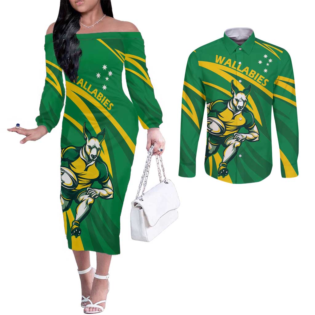 Personalized Australia Rugby Champion Couples Matching Off The Shoulder Long Sleeve Dress and Long Sleeve Button Shirt Wallabies Mascot with Sporty Style