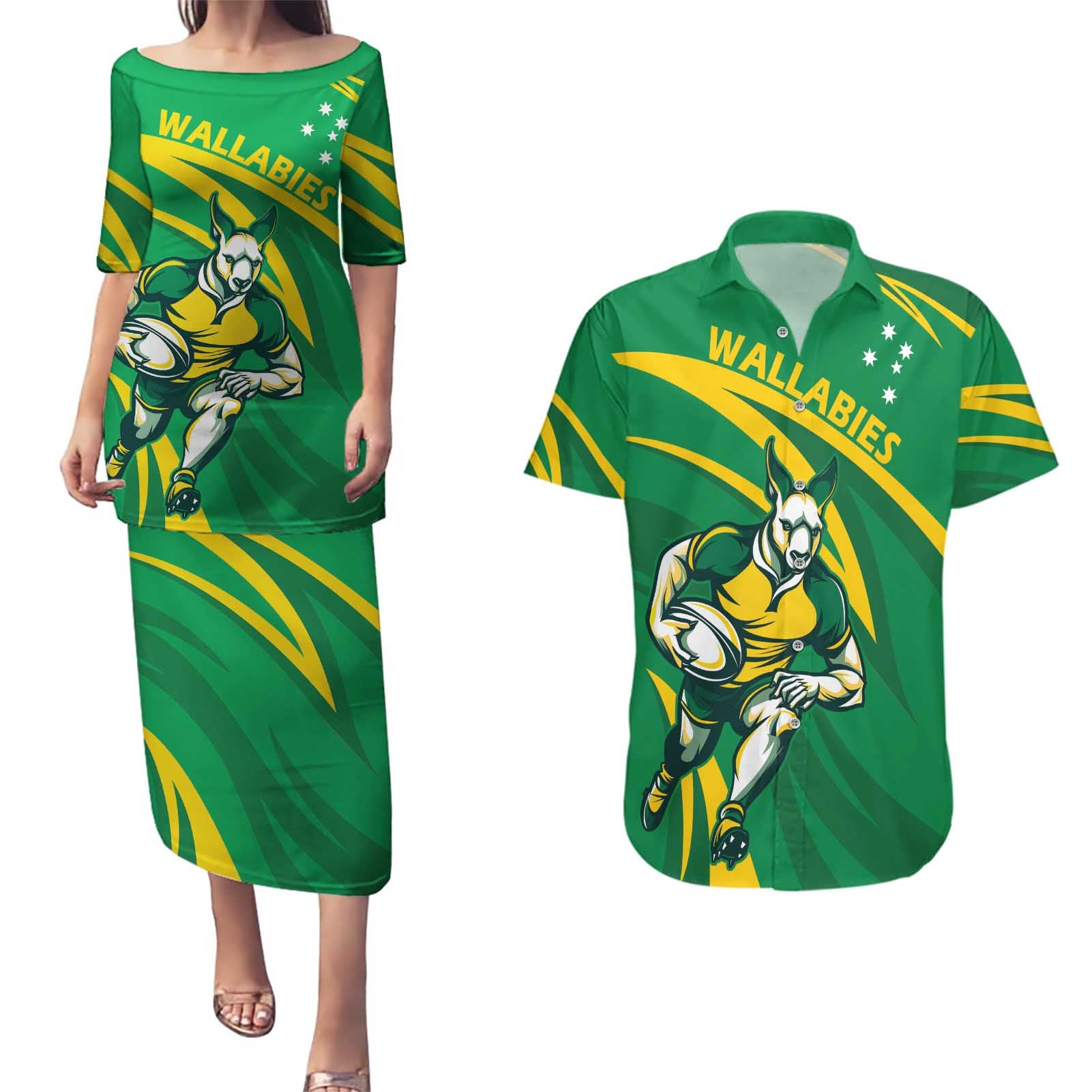 Personalized Australia Rugby Champion Couples Matching Puletasi and Hawaiian Shirt Wallabies Mascot with Sporty Style LT9 - Wonder Print Shop