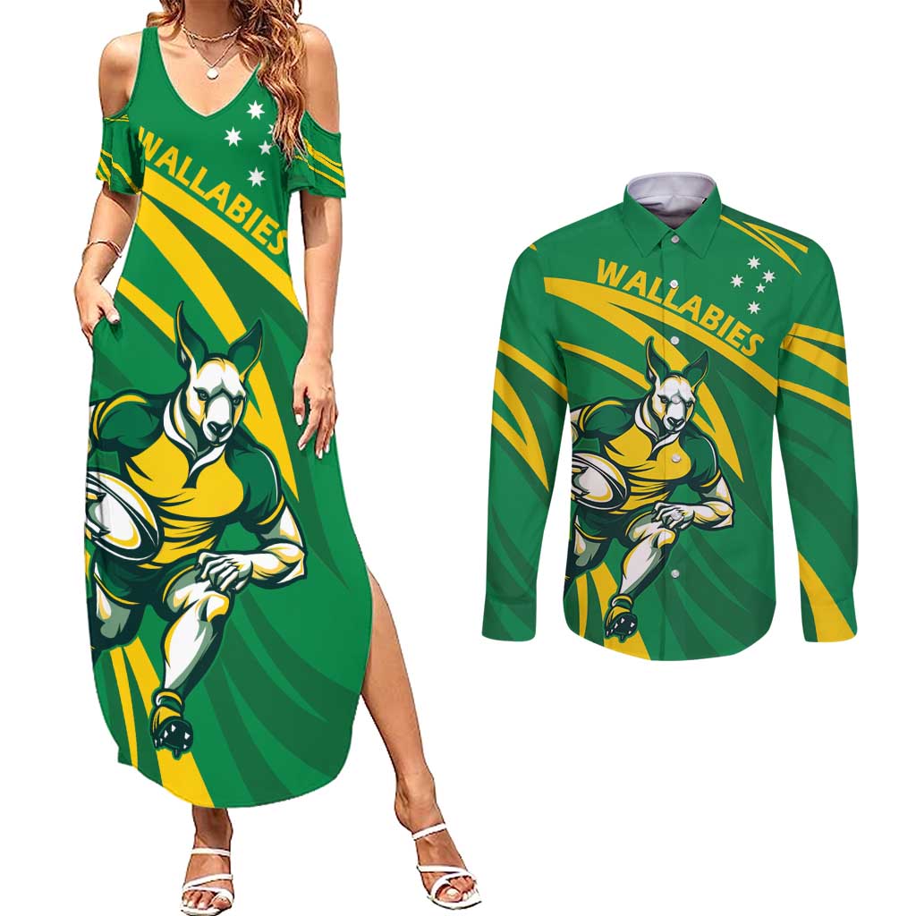 Personalized Australia Rugby Champion Couples Matching Summer Maxi Dress and Long Sleeve Button Shirt Wallabies Mascot with Sporty Style LT9 - Wonder Print Shop