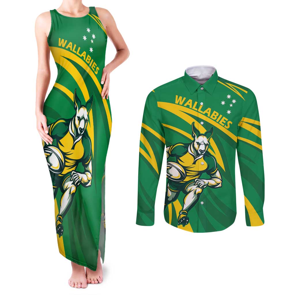 Personalized Australia Rugby Champion Couples Matching Tank Maxi Dress and Long Sleeve Button Shirt Wallabies Mascot with Sporty Style LT9 - Wonder Print Shop