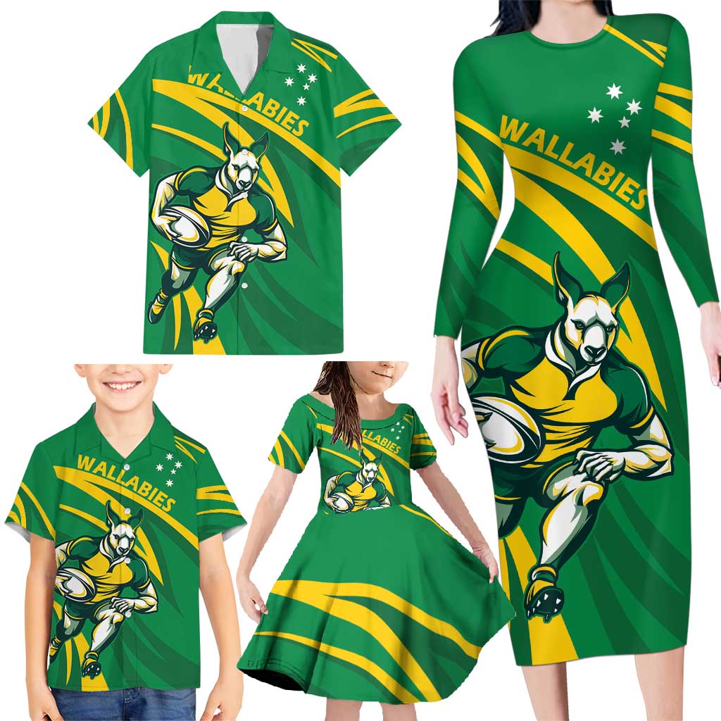 Personalized Australia Rugby Champion Family Matching Long Sleeve Bodycon Dress and Hawaiian Shirt Wallabies Mascot with Sporty Style LT9 - Wonder Print Shop