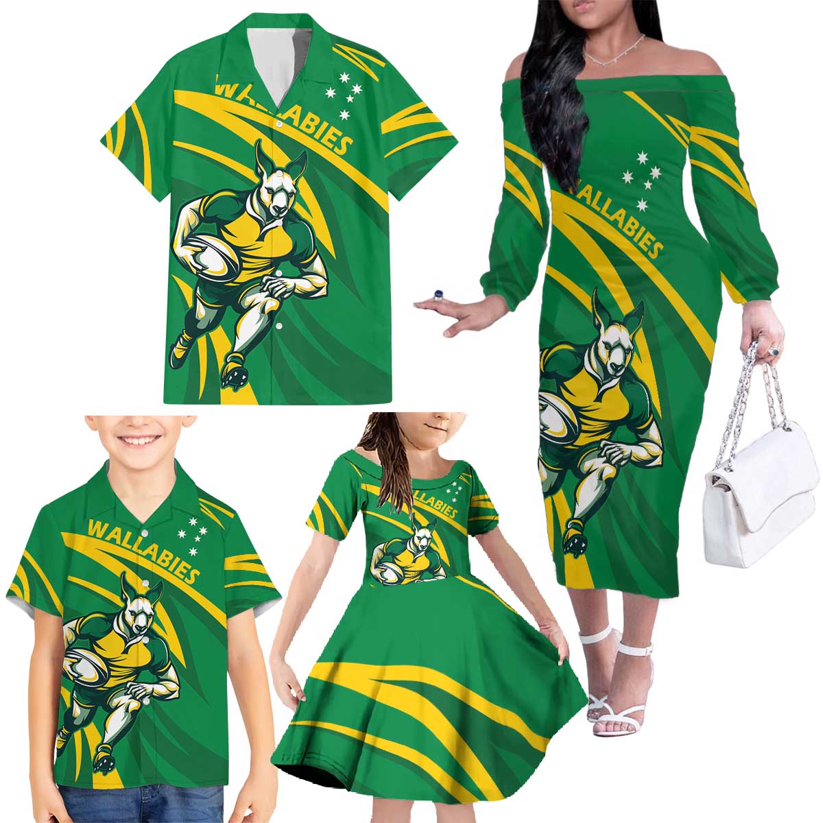 Personalized Australia Rugby Champion Family Matching Off The Shoulder Long Sleeve Dress and Hawaiian Shirt Wallabies Mascot with Sporty Style - Wonder Print Shop