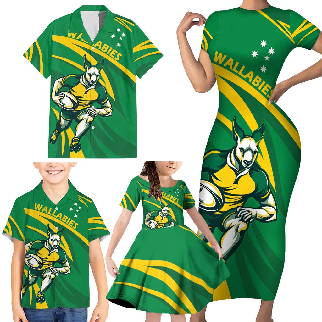 Personalized Australia Rugby Champion Family Matching Short Sleeve Bodycon Dress and Hawaiian Shirt Wallabies Mascot with Sporty Style - Wonder Print Shop