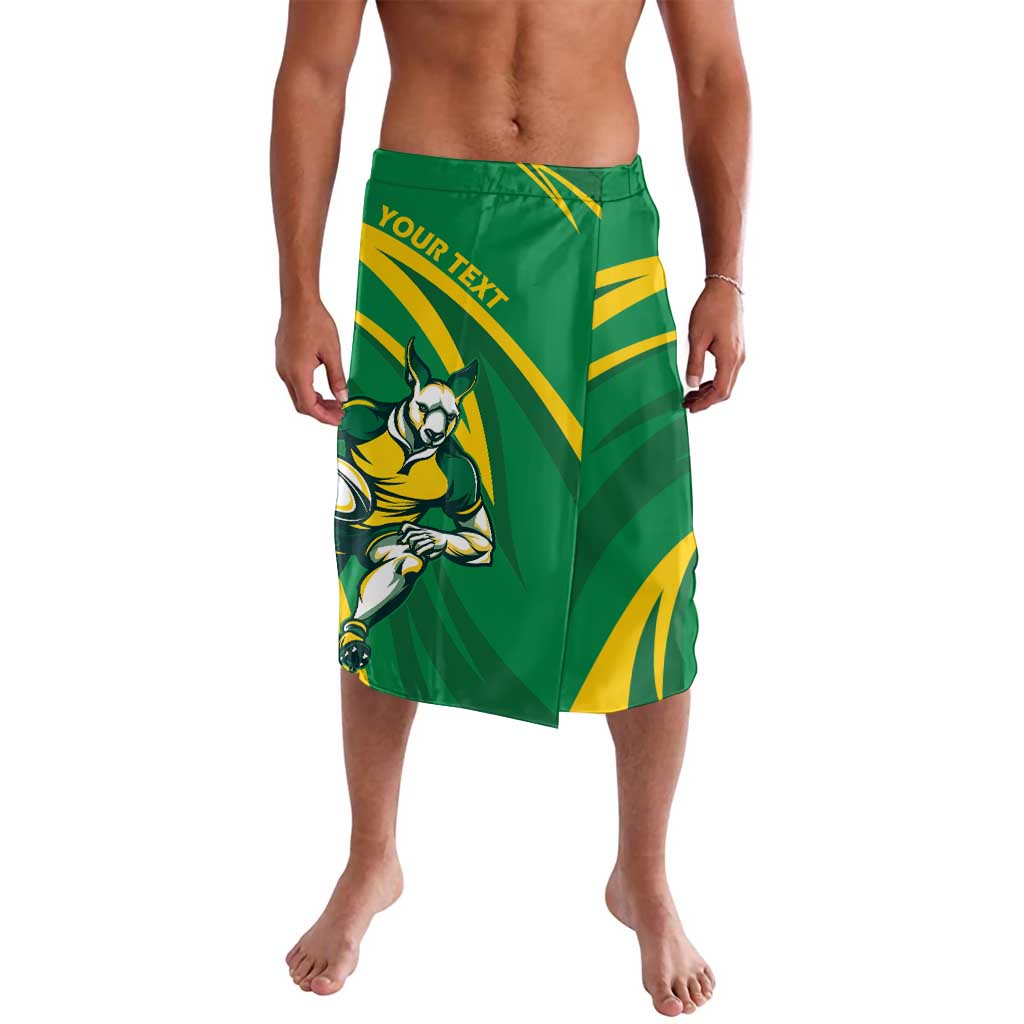 Green wrap-style rugby mascot skirt with yellow diagonal stripes and bold front graphic