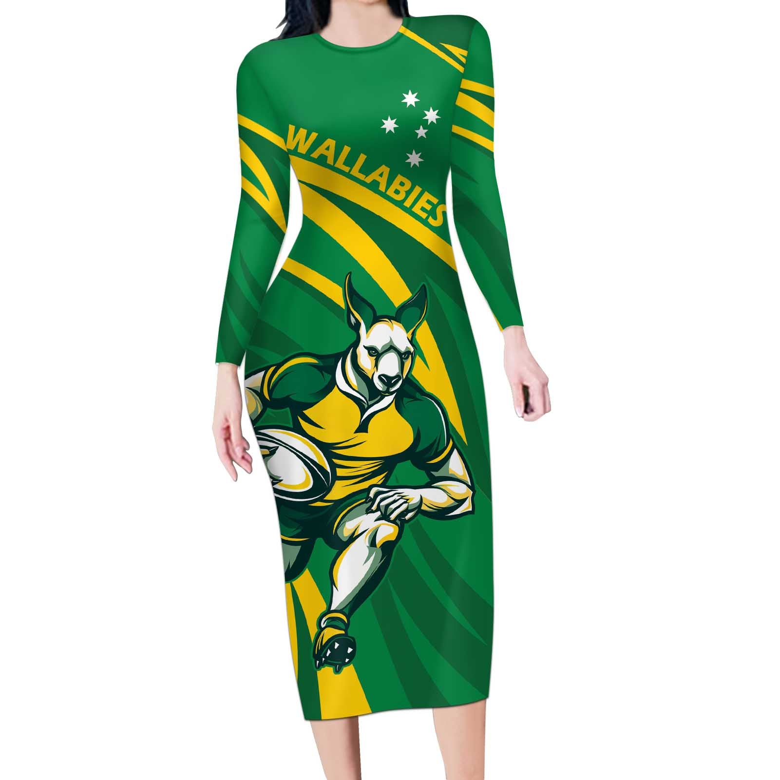 Personalized Australia Rugby Champion Long Sleeve Bodycon Dress Wallabies Mascot with Sporty Style - Wonder Print Shop