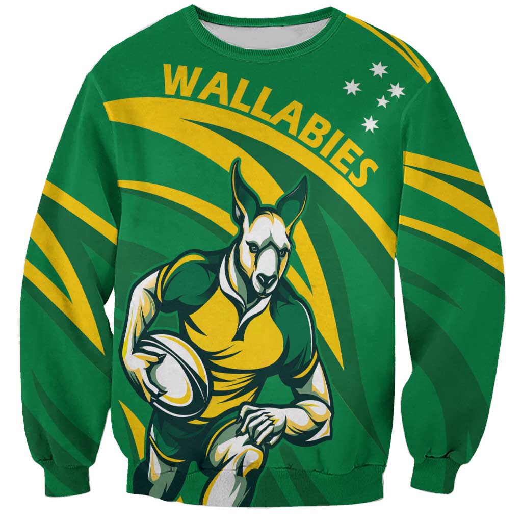 Green Wallabies mascot sweatshirt with WALLABIES graphic on front
