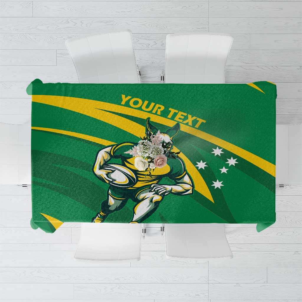 Green rugby tablecloth with Wallabies mascot, stars, and “YOUR TEXT” banner