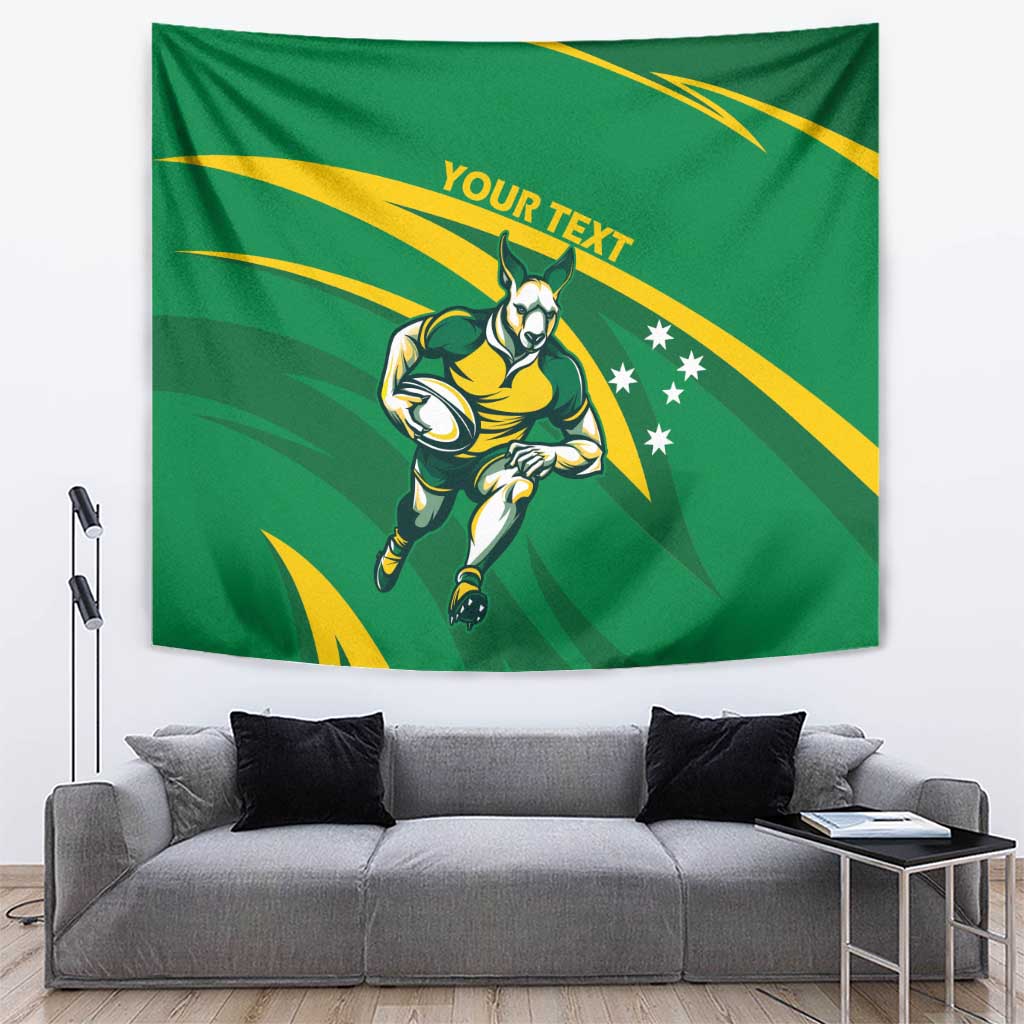 Green rugby mascot wall tapestry with player, yellow rays, stars, and custom text