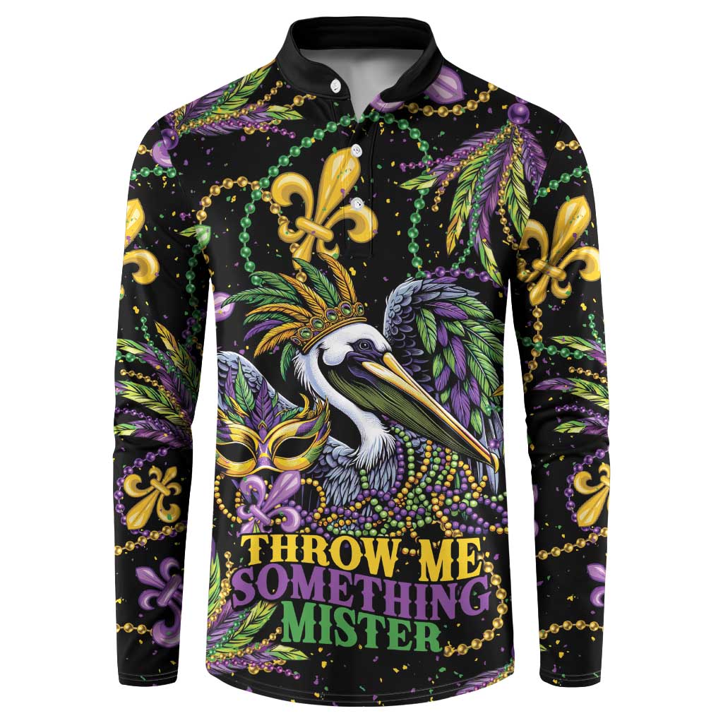 Mardi Gras Pelican Button Sweatshirt Throw me Something Mister! - Wonder Print Shop