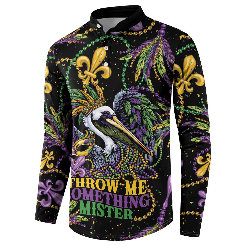 Mardi Gras Pelican Button Sweatshirt Throw me Something Mister! - Wonder Print Shop