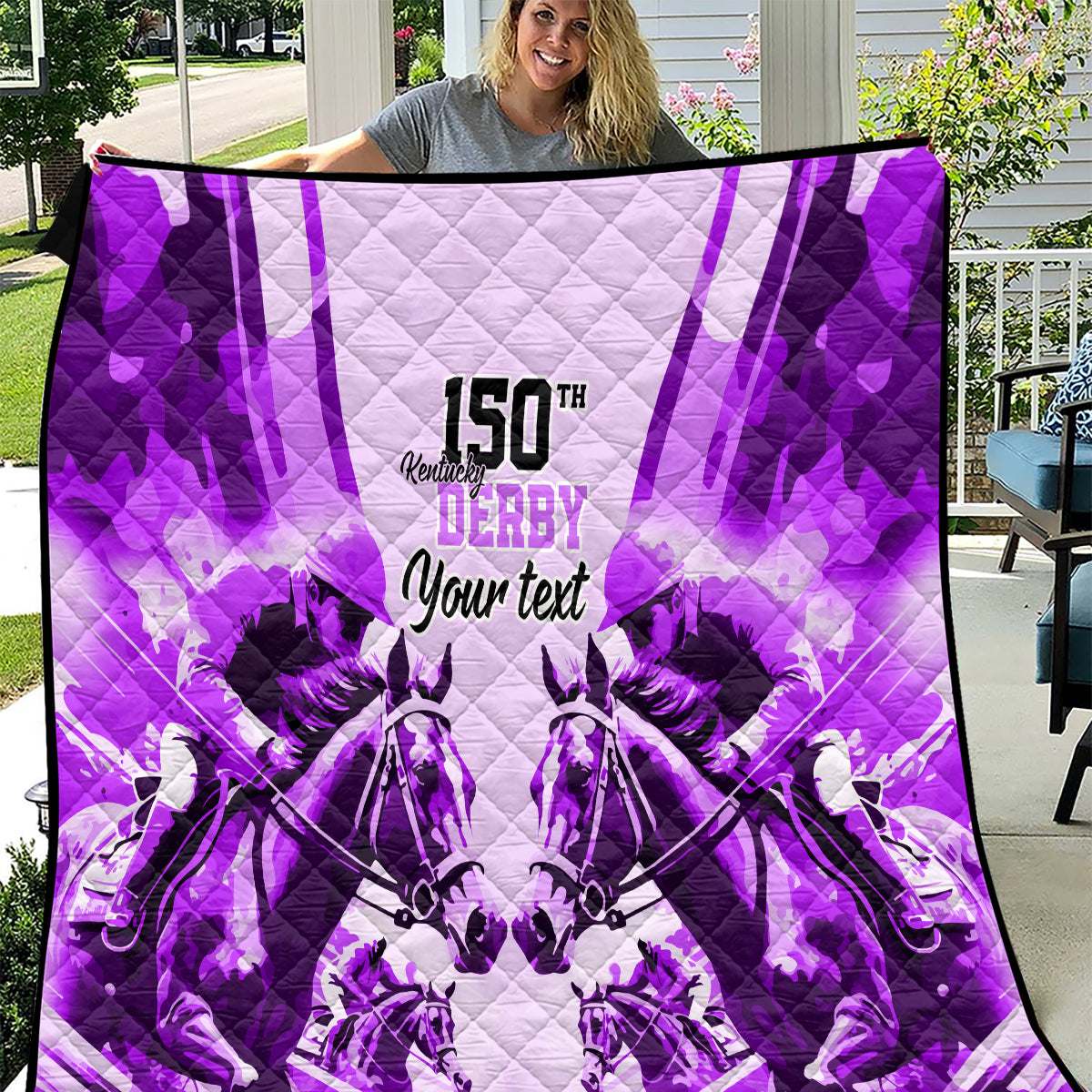 Personalized Kentucky Horse Racing Quilt Happy 150th Anniversary Purple Style