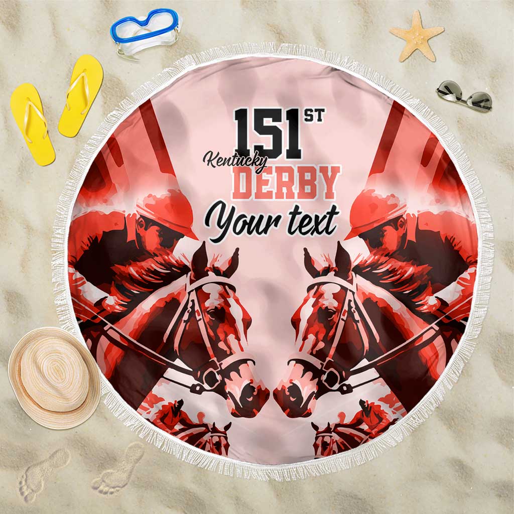 Red round beach blanket with white fringe, 151st Kentucky Derby horse graphic, “Your text”