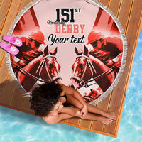 Red round beach blanket with white fringe, tilted view, 151st Kentucky Derby horse graphic, “Your text”