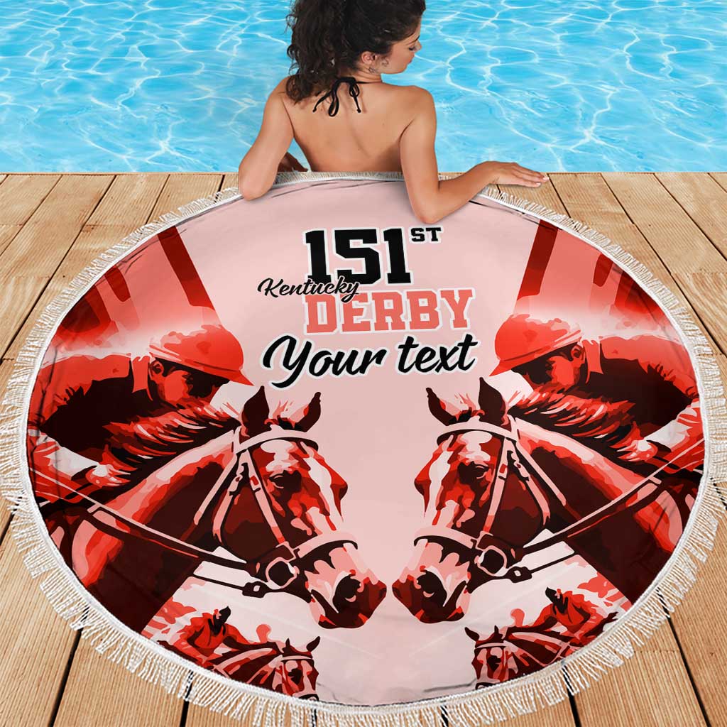 Red round beach blanket with white fringe, 151st Kentucky Derby horse graphic and “Your text”