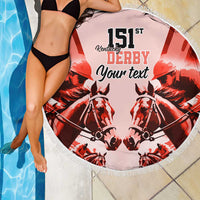 Red round beach blanket with white fringe, draped view, 151st Kentucky Derby horse graphic, “Your text”