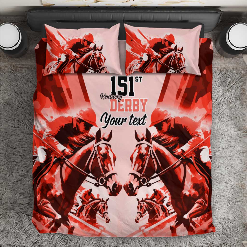 Red personalized bedding set with horse jockey graphic and '151st Derby' text