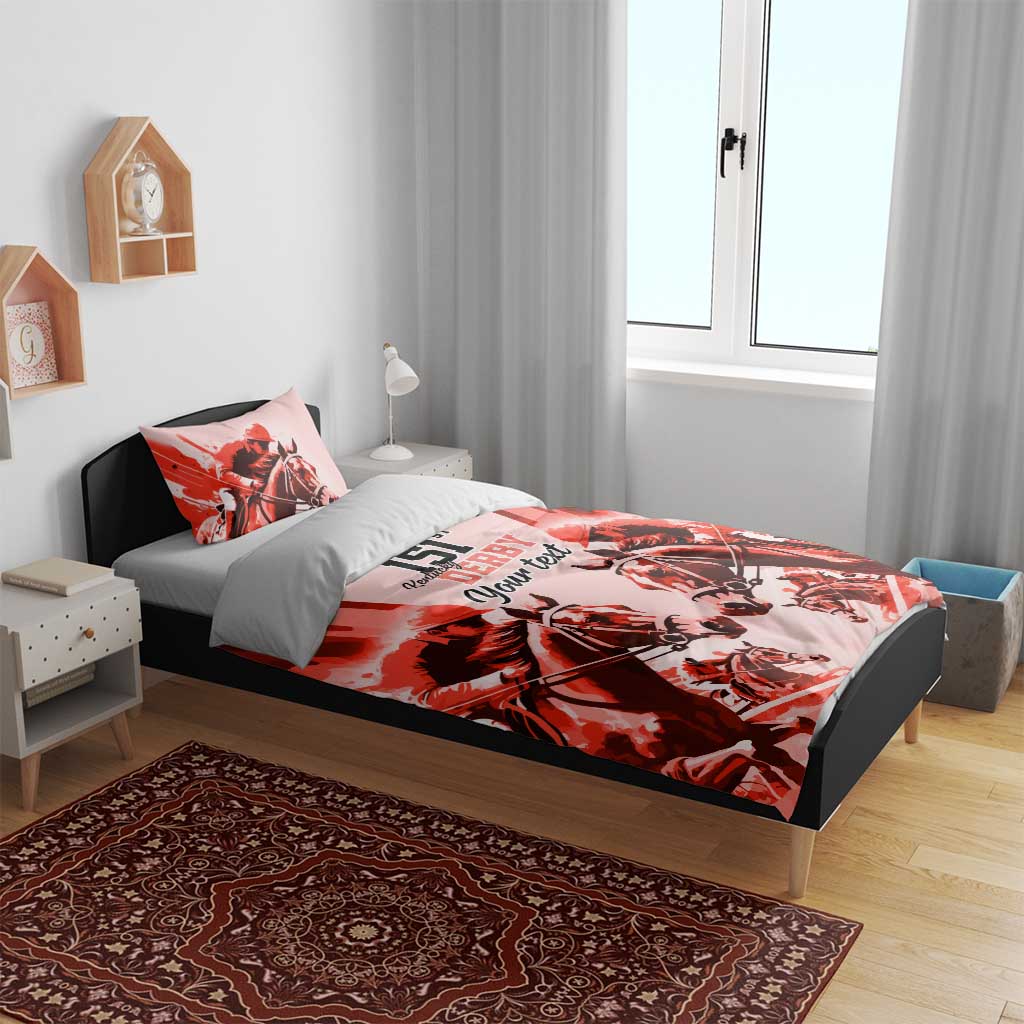 Red bedding set on bed with horse jockey print, '151st Derby' and 'Your text'