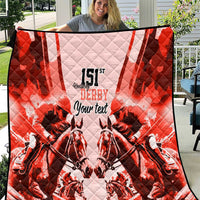 Red and white quilt with horse race design, “151st Derby” and “Your text” center print.