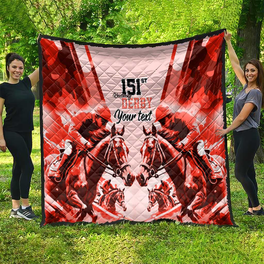 Red quilt with white panels and horse riders pattern, “151st Derby” and “Your text” text.