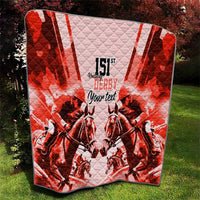 Red and white anniversary quilt showing “151st Derby” and “Your text” over horses and riders.