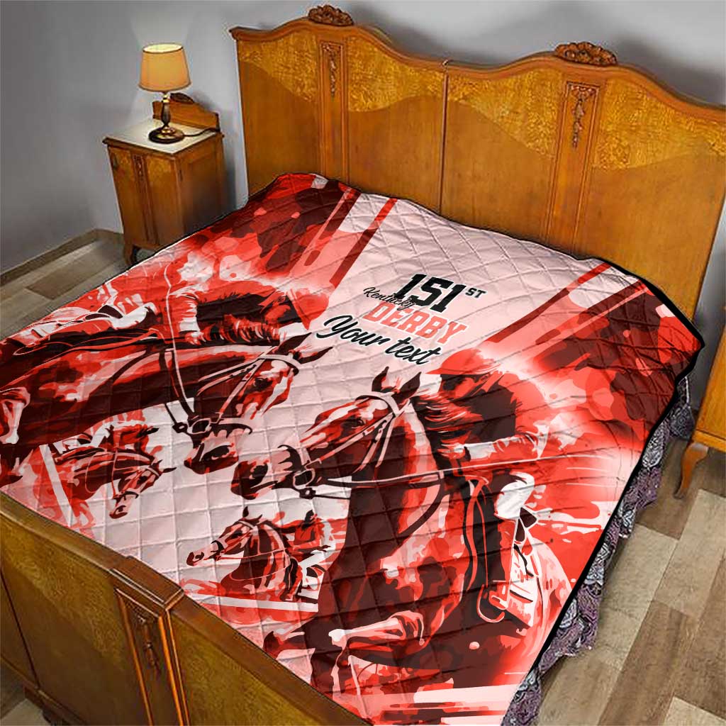 Red quilt on a bed with horse racing artwork, “151st Derby” and “Your text” in center.
